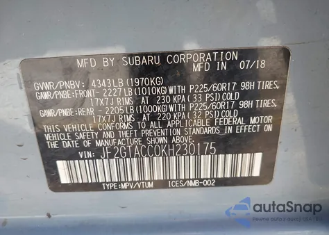 2019 Subaru Crosstrek 2.0I Premium из США, поврежденный, VIN JF2GTACC0KH230175